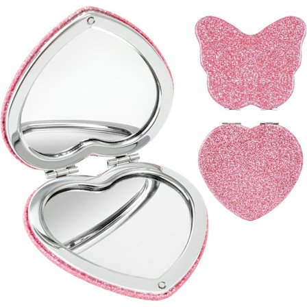 Kompakte lommespeil, 2 stk. rosa sammenleggbare sminkespeil - dobbeltsidig reisespeil (1X/2X forstørrelse), søtt hjerte- og sommerfugldesign