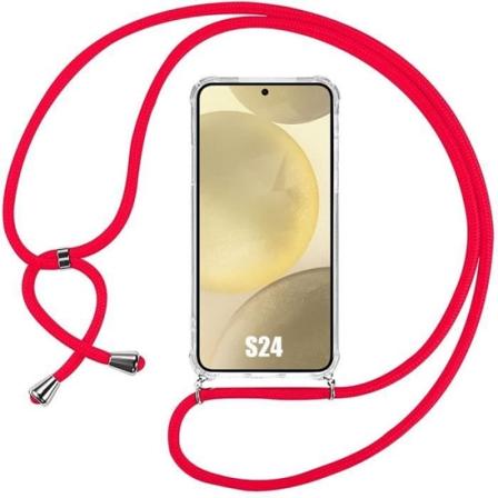 Taske til Samsung Galaxy S24 - Gennemsigtig beskyttelse Forstærket hjørne + rød skulderrem Klart, rött