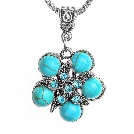 Vintage Silver Färg Blomster Design Halsband Sten Hängen Lång Kedja Mode Dam Smycken