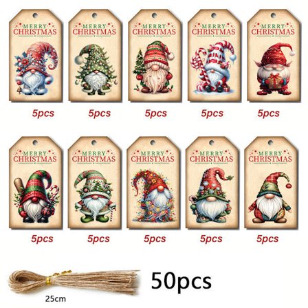 50 Vintage Julegavemærker med Snor og Julemands-/Snemanddesign til Julegaveindpakning og Boligindretning