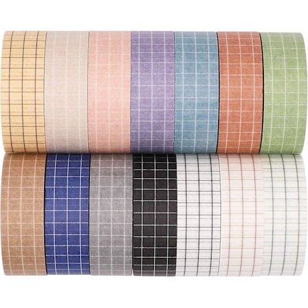 Grid Washi Tape Sæt, 14 Ruller Af 15 Mm Bred Dekorative Farvede Maskeringsbånd Til Scrapbooking, DIY Dekoration Og Håndværk, Bullet Journals, 