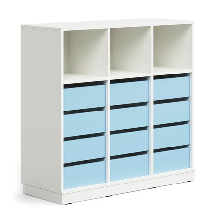 Student storage CASPER, 12 drawers, 3 upper compartments, base frame, white/sky blue