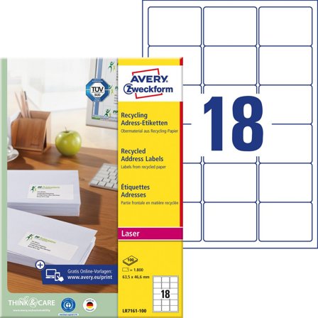 AVERY Etikett återvunnen 63,5x46,6mm 1800/fp - Lyreco - Emballage och lagerutrustning - Etiketter och godsmärkning - Adressetiketter