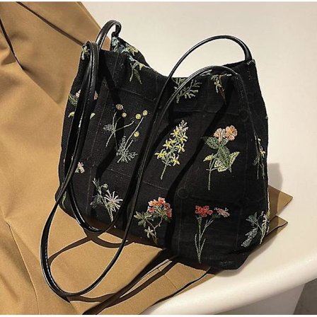 Håndveske Luksusmerke Stor Blomster Tote Bag Høy kvalitet Stoff Dame Designer Håndveske Høy Kapasitet Skulder Vesker(svart)