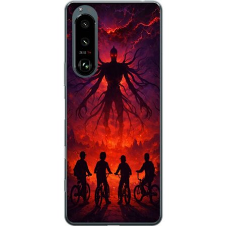 Kompatibelt Mobildeksel til Sony Sony Xperia 5 III Mørk fantasibilde inspirert av Stranger Things med overnaturlig skapning, lyn og syklende barn i e