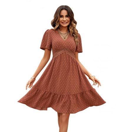 Naisten kesämekko, yksivärinen, pörröiset hihat, V-kaula-aukko, joustava vyötärö, keinuva hame, röyhelö, A-linjainen midi-mekko (tiilipunainen M)