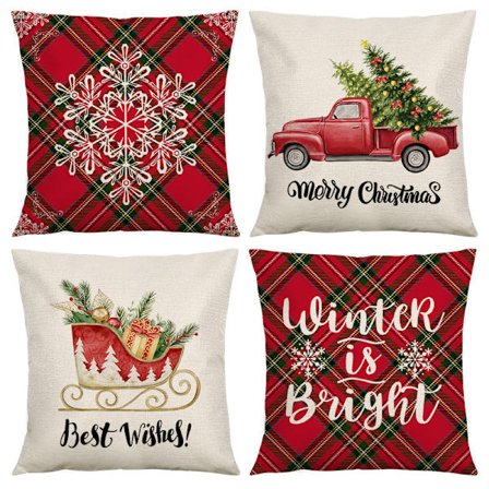 4 røde og grønne rutete putetrekk, retro juletegneserie lin,