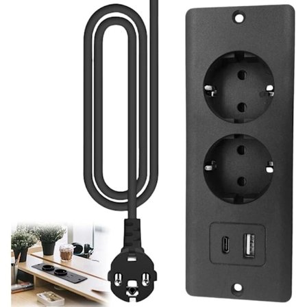 Indbygget stikkontakt til skrivebord med 1 USB & 1 USB-C PD20W-port, 1,5 m kabel [JSR]