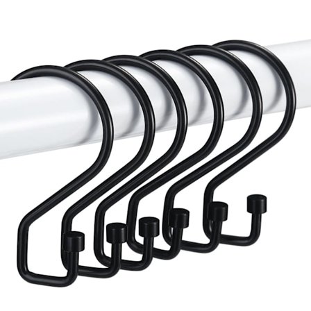 Bruseforhængskroge i metal, S-formede bruseforhængsringe, sæt med 12, sort, 12 stk.