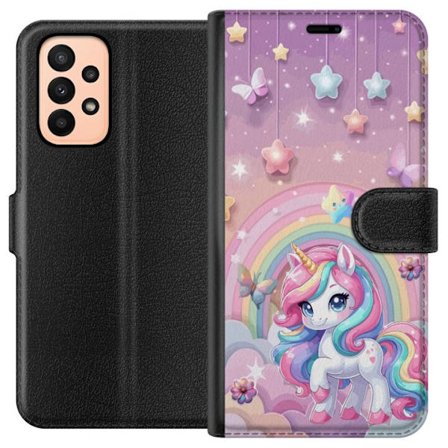 Yhteensopiva Lompakkokotelo Samsung Galaxy A23 Maaginen yksisarvinen, jolla on sateenkaarimane, tähtiä ja perhosia vasten pastellinväristä taivasta, j