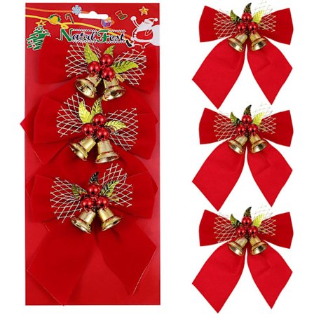 3 stk jule røde sløyfer med bjeller mini juletre bånd