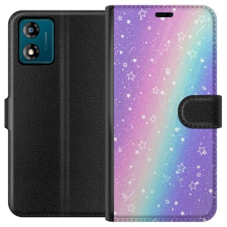 Kompatibelt Lommeboketui til Motorola Moto E13 Rainbow-farget pastellbakgrunn med hvite stjerner og gnistrende prikker i myk overgang