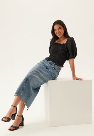 Bubbleroom - Denim Midi Skirt - Medium blue - Kläder