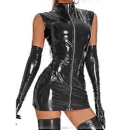 Dame Høy Krage Ermeløs Glidelås Latex Bodycon Mini Klubbkjoler (3XL svart)