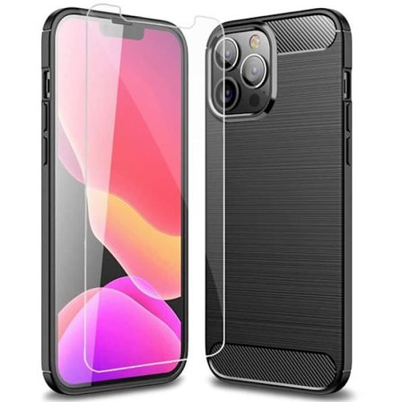 Coque - Silikon - för iPhone 13 Pro - Kolfiber Svart - 2 Härdat Glas - Ultra Stark Skydd