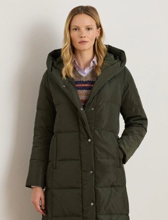 Lauren Ralph Lauren Hooded Channel-Quilted Down Puffer Coat - Green - XL