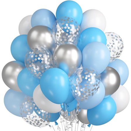 60 stk. blå og hvide macaronballoner, 30 cm, sølvkonfettiballoner, lyseblå heliumlatex, sølvmetalliske balloner til børn, fødselsdag