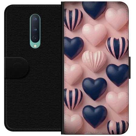 Kompatibelt Lommeboketui til OnePlus 8 Myke tredimensjonale hjerter i rosa og marineblå toner i et romantisk mønster