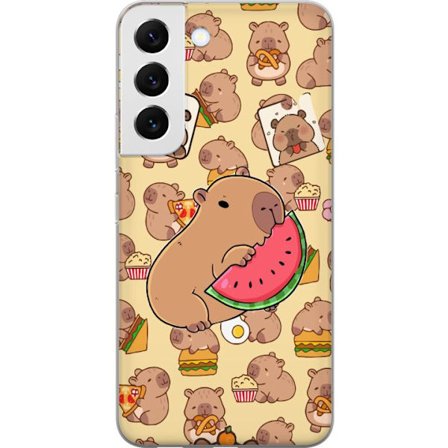 Kompatibelt Mobilskal till Samsung Samsung Galaxy S22 5G Söt capybaror njuter av vattenmelon pizza och popcorn i en varm och lekfull design som sprid
