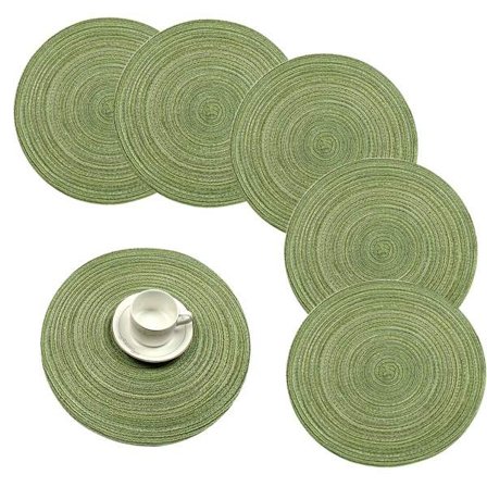 38cm/15-tommers Vevde Runde Bordbrikker Varmeisolasjon Sklisikre Flettede Bomulls Spisebordmatter (Grønn, Sett med 6)