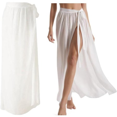 Badedraktkjole - Lang Sarong i Badedraktstil - Hvit Strandkjole med Sidestropper