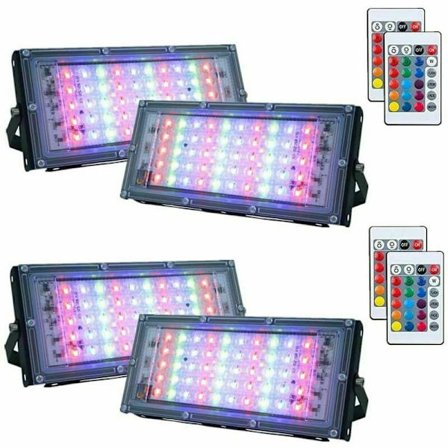 Pakke med 4 dimbare RGB LED-flomlys for utendørs, IP66 vanntett med fjernkontroll, 16 farger, 4 lysmoduser for utendørs og innendørs (
