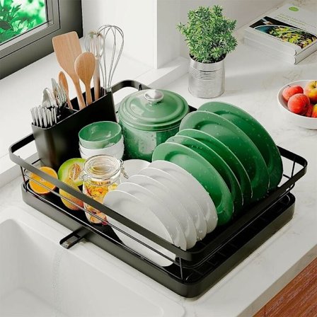 Opvaskestativ i rustfrit stål - Stort opvaskestativ til køkkenet - Vaskestativ med udvidelig dræning og 360o rotation - Opvasketørrestativ (Sort)