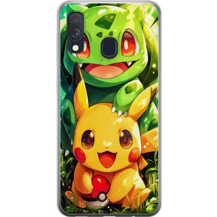 Kompatibelt Mobildeksel til Samsung Samsung Galaxy A40 Pikachu og Bulbasaur sitter tett sammen i en solbelyst skogsnatur og sprer varme, vennskap og s