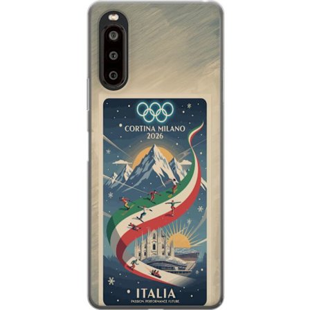 Yhteensopiva Puhelinkuori Sony Xperia 10 II Mäkihyppykuvitus, jossa hiihtäjä tähtää kiväärillä lumisella radalla, teksti Milano Cortina 2026 ja olympi