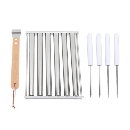 Avtakbart pølseholder i rustfritt stål med dampfunksjon og ekstra langt trehåndtak, 4 spyd, 6 pinner, BBQ-verktøy L