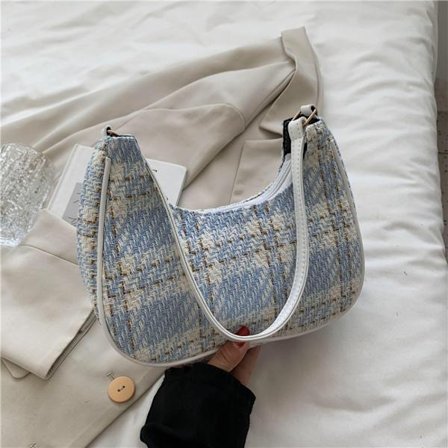 Rutet lerret Dameveske Moon Shape Skulderveske LYS BLÅ