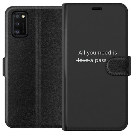 Kompatibel Tegnebogsetui til Samsung Galaxy A41 Minimalistisk typografisk plakat med citatet "alt du behøver er et pas". Elegant grå design, perfekt