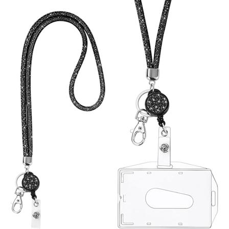 Kristallirihkama narulla, kristallirihkama läpinäkyvällä ID-korttikotelolla, rihkama ja korttikotelosetti, avaimenperän korttikotelo ja kaulahihna 