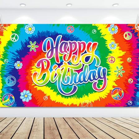 Tie Dye syntymäpäiväbanneri 60-luvun teemalla Hyvää syntymäpäivää Tausta Hippie syntymäpäiväjuhlan koristeet Groovy-kyltti Sateenkaari, 70,8 x 43,3 