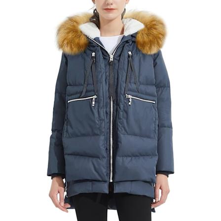 Kvinnors förtjockade dunjacka Parka med huva Lång pufferjacka för vintern XXS Navy+Fur Trim