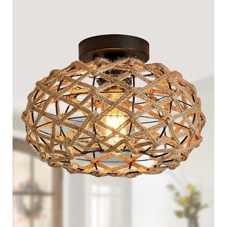 Boheemi-tyylinen puolikirkas kattovalaisin, rottinkipunottu rustiikkinen valaistus, vintage-tyylinen rottinkikattovalaisin, vintage-punotulla 