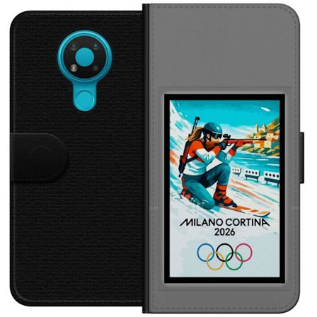 Kompatibelt Lommeboketui til Nokia 3.4 Retroplakat Cortina Milano 2026 med fjell, vintersportsutøvere, italienske trikolor, Milano-katedralen og olymp