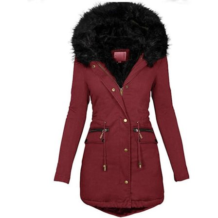 Vatteret vinterdunjakke til damer med hætte med lynlås og vindtæt med aftagelig pelskrave (XL, rød)