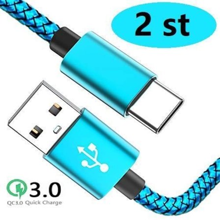 2 st 2 m färgade usb-c supporta Q.C 3.0 ljusblå