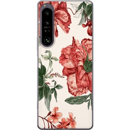 Kompatibel Mobilcover til Sony Xperia 1 IV Røde blomster og grønne blade, klassisk botanisk mønster der skaber liv, energi og naturlig følelse i desig