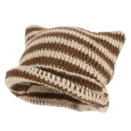 Kissan korvat - neulottu beanie-pipo, raidallinen, talvi, lämmin, joustava, beige ja ruskea Beige and Brown