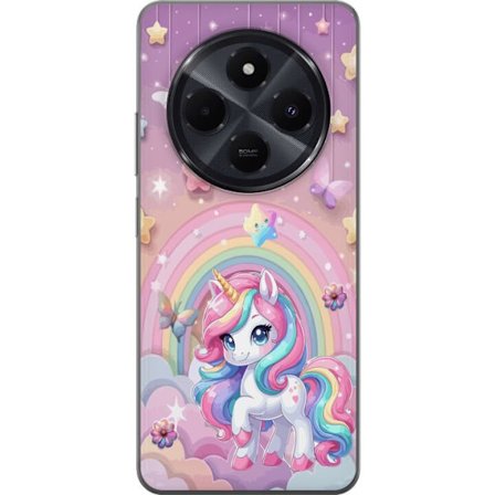 Kompatibel Mobilcover til Xiaomi Redmi A4 Magisk enhjørning med regnbue manke, stjerner og sommerfugle mod en pastelfarvet himmel med skyer