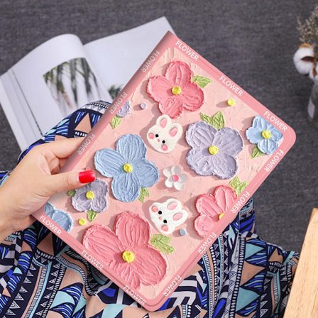 Etui for iPad 2/3/4 9.7" oljeblomst pinne kanin rosa "full silikonstropp anti