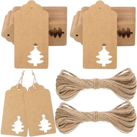 (Brun Juletre)100 stk Kraftpapir Etiketter Julemerke Kraft Julegavemerke med 25 cm Jutesnor for Dekorering