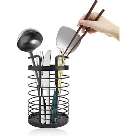 Svart kjøkkenredskapsholder i rustfritt stål - Til kjøkken - Moderne design - Oppbevaring av kjøkkenredskaper - Bestikkholder - Organisasjon