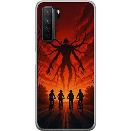 Kompatibelt Mobilskal till Huawei Huawei P40 lite 5G Mörk Stranger Things-inspirerad skräckillustration med röd himmel, monsterfigur och cyklande b