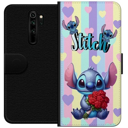 Kompatibelt Lommeboketui til Xiaomi Redmi Note 8 Pro Romantisk illustrasjon av Stitch som holder røde roser mot stripet bakgrunn