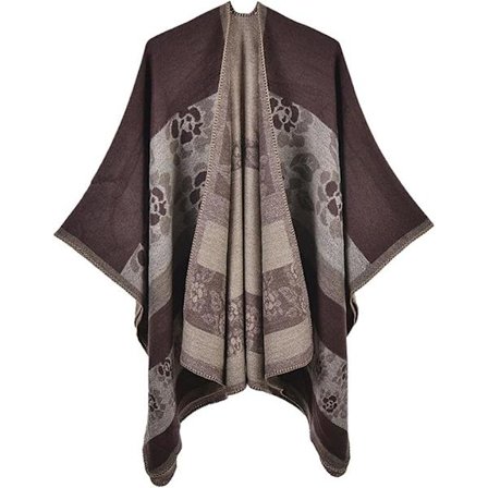Werwing Dame Retro Varmt Vintersjal Poncho Cape - Blomstertrykt Åpen Front Cardigan med Etnisk Stil, Tykk Fusk Cashmere Trav