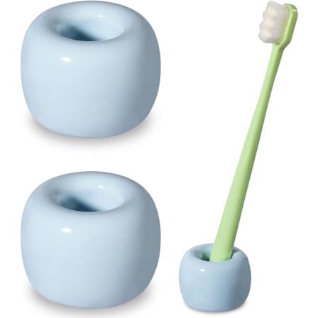 Stilfuld Mini Keramisk Tandbørsteholder til Badeværelsesbordplade, Lyseblå, 2-pak