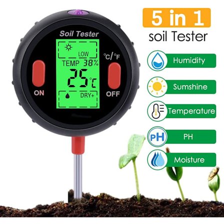 5 i 1 Digital Jord Ph-mätare Hygrometer med Bakgrundsbelyst LCD-skärm